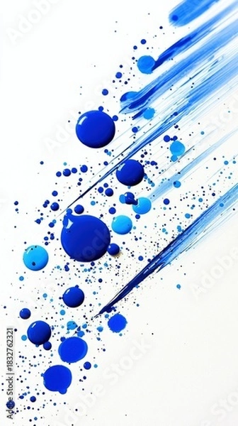 Fototapeta Abstract image of blue paint splatters, drops, and brushstrokes on a white background. Artistic and creative composition.