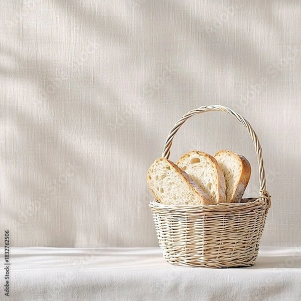 Fototapeta Close-up of a basket filled with sliced bread, sitting on a white tablecloth. The background features a textured wall with shadows, lit by natural light.