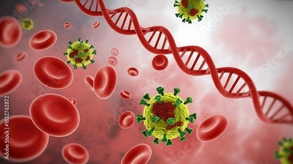 Obraz Coronavirus and Red Blood Cells with DNA Helix covid19