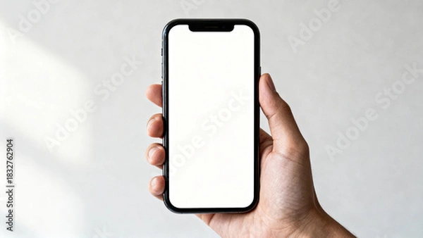 Fototapeta Hand holding smartphone with blank white screen on light background, mockup for app, website or digital design  