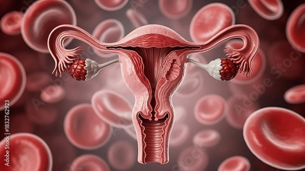 Obraz Female reproductive system with red blood cells background