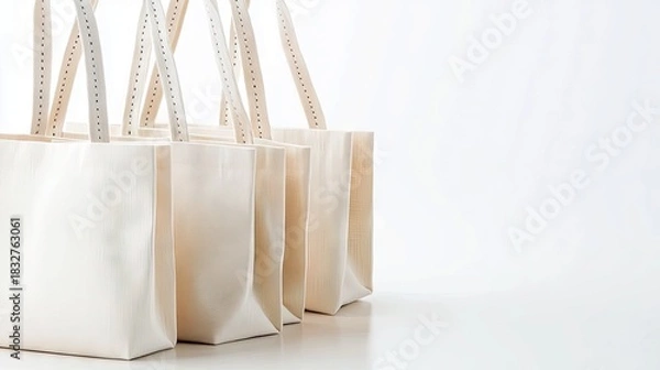 Fototapeta Several blank canvas tote bags arranged in a row against a white background, perfect for mockup or design.