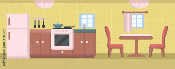 Obraz A house interior featuring a kitchen with a refrigerator, stove, and dining table and chairs. Simple flat illustration.