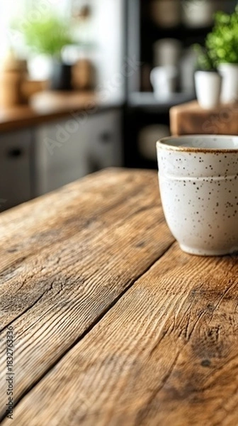 Fototapeta A close-up shot of a ceramic mug on a rustic wooden table in a kitchen setting. The background is blurred, showing kitchen elements and natural light.