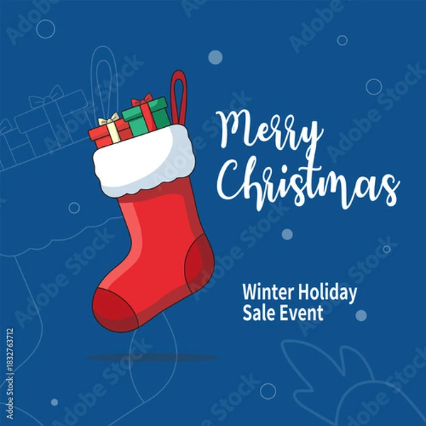 Obraz Festive red Christmas stocking hanging with gifts and Santa Claus decoration as a winter holiday vector illustration