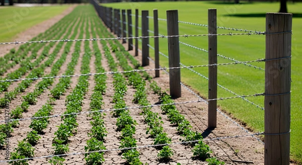Fototapeta Barbed wire fence bordering a field of young green crops, with a green grassy field on the other side. Rural farmland imagery for agriculture and security.