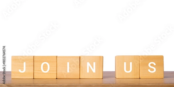 Fototapeta Wooden blocks with join us text for community invitation concept, isolated on transparent background