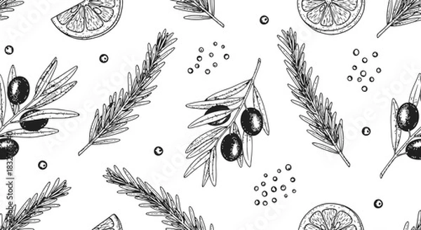 Obraz Seamless pattern featuring olive branches, rosemary, and citrus slices on a dark background
