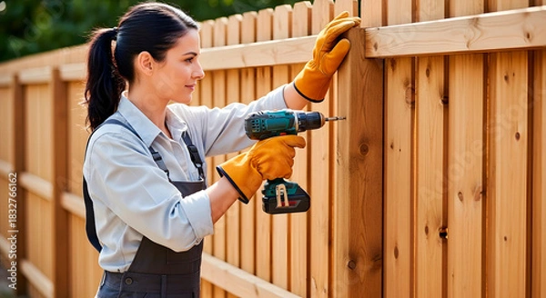 Fototapeta Woman using a cordless drill to install a wooden fence panel. DIY home improvement project for a handyman. Construction and renovation concept.