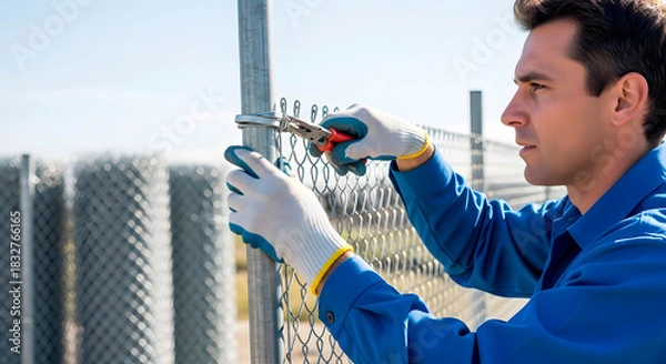 Fototapeta Man wearing protective gloves installing chain link fence with hand tool. Construction worker fencing property for security and boundary establishment.