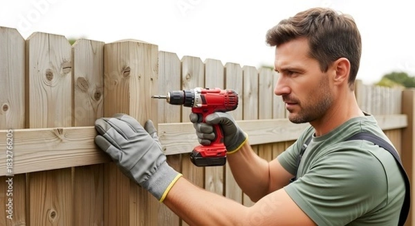 Fototapeta Man installing a wooden fence with a red drill. Home improvement and DIY concept for property maintenance service.