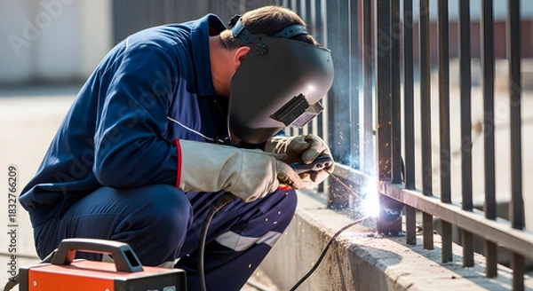 Fototapeta Man welding metal structure outdoors. Worker in protective mask and uniform fixing fence. Repair and construction work concept.
