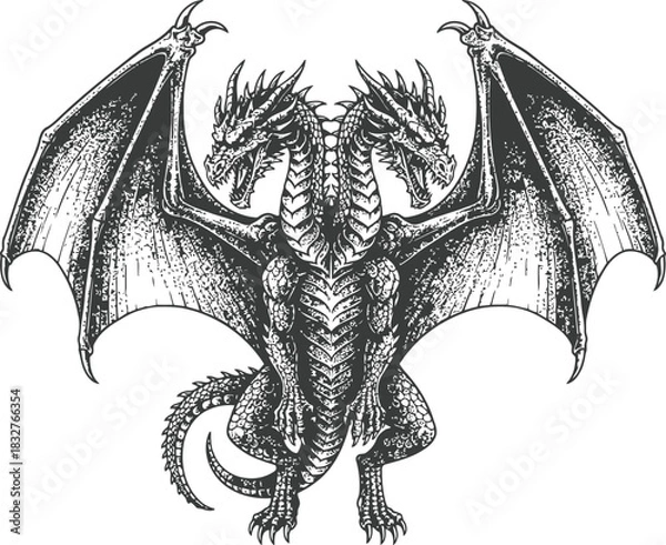 Obraz Three-headed dragon silhouette with outstretched wings and powerful body