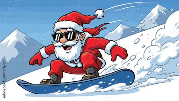 Obraz Cool Santa Claus shredding powder on a snowboard in the mountains, bringing holiday cheer and winter fun to your project this Christmas season