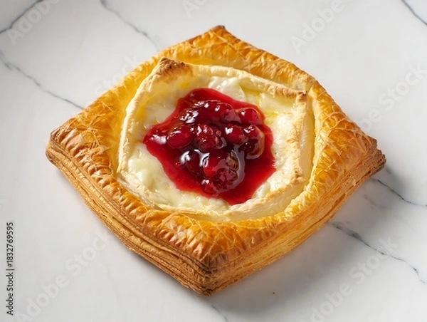 Obraz Camembert and Cranberry Puff Pastry Tart: A close-up of a golden puff pastry tart filled with melted Camembert and cranberry sauce