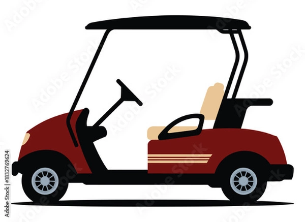 Obraz A red golf cart sits on a white background with no driver.