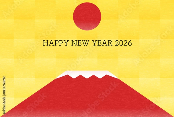 Obraz 2026年午年の年賀状、赤富士と初日の出