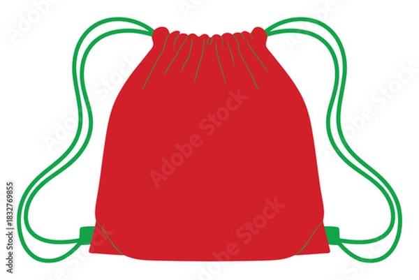 Obraz A simple red drawstring backpack with green strings rests against a white background.