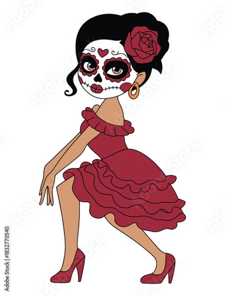 Obraz Woman in a traditional dress with Day of the Dead makeup poses.