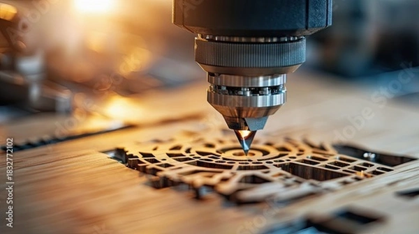 Fototapeta Close-up of a CNC machine precisely cutting intricate designs into a wooden surface, illuminated by warm, focused lighting.