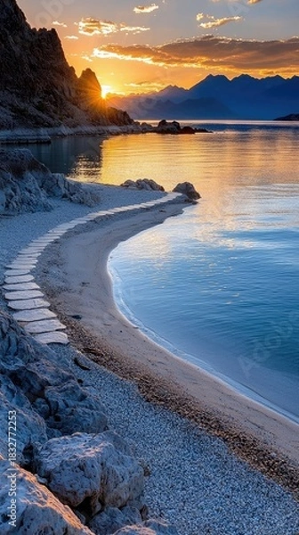 Fototapeta A scenic view of a coastal pathway leading to a lake at sunset. The image features a stone pathway, sandy beach, and mountains in the background, bathed in warm