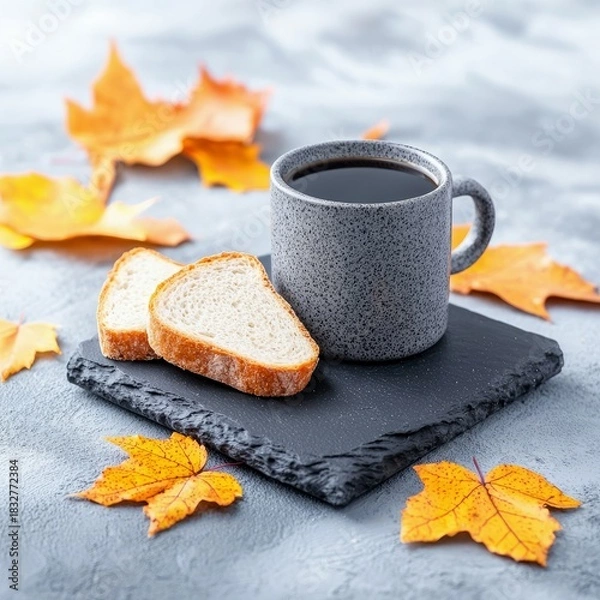 Fototapeta A cup of coffee and two slices of bread rest on a black slate, surrounded by autumn leaves, creating a cozy still life scene.
