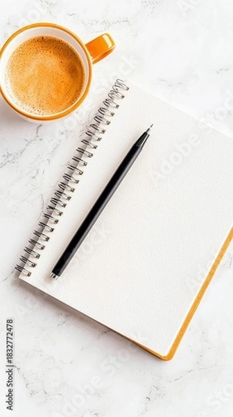 Fototapeta A top-down shot of a cup of coffee, a notebook, and a pen on a marble surface. The composition creates a sense of calm and focus.