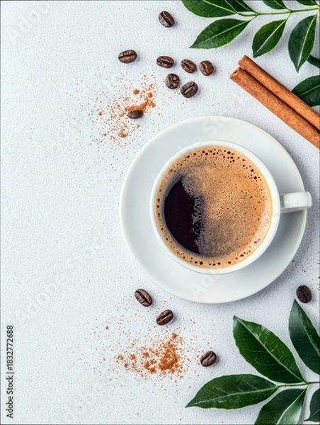 Fototapeta A top-down view of a cup of coffee on a saucer, surrounded by coffee beans, cinnamon sticks, and green leaves, all set against a white background.