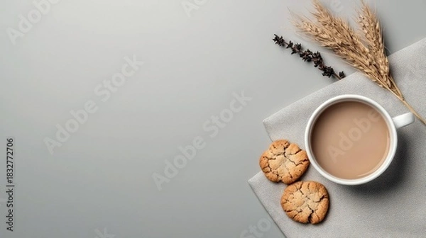 Fototapeta Overhead shot of a coffee cup, cookies, wheat, and a napkin on a gray surface. The image is a top-down view with a neutral, minimalist aesthetic.