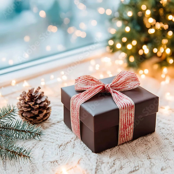 Fototapeta Christmas gift box with festive ribbon and pine cone on knitted background, celebrating winter holidays and presenting thoughtful presents during the season