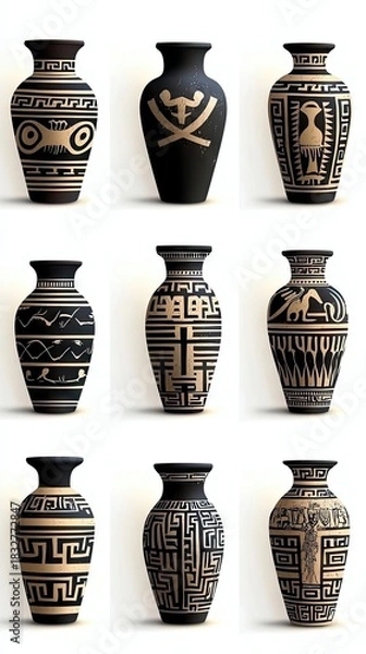Fototapeta A collection of nine decorative vases with black and tan ancient Greek inspired designs against a white background.