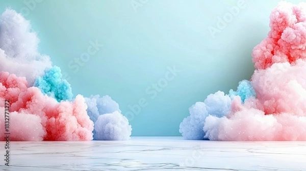 Fototapeta A vibrant and abstract image featuring colorful cloud-like formations in shades of pink, blue, and white, set against a pastel blue backdrop and a marble surfac