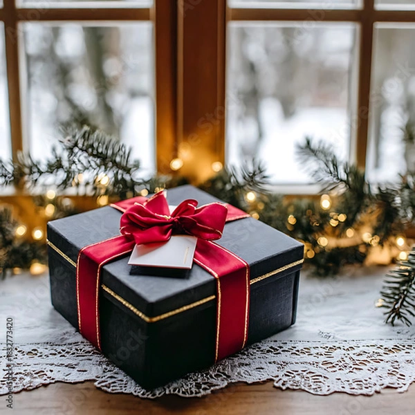 Fototapeta Stylish gift box with red ribbon and blank tag resting on a white lace tablecloth near a window decorated with festive garland and twinkling lights, symbolizing holiday giving