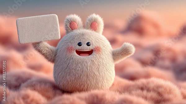 Fototapeta Cute Fluffy 3D Character Holding Empty White Sign. Happy Cartoon Mascot with Blank Card Mockup