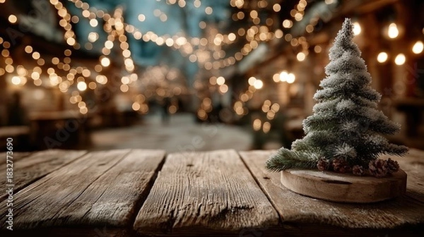 Fototapeta Empty Wooden Table Top with Small Christmas Tree and Snow. Blurred Festive Bokeh Lights Background