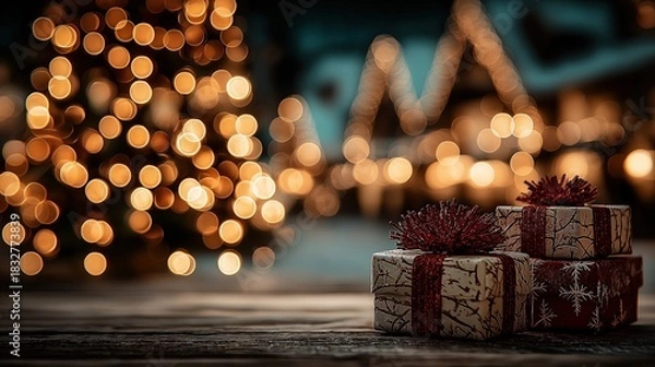 Fototapeta Empty Wooden Table Top with Small Christmas Tree and Snow. Blurred Festive Bokeh Lights Background