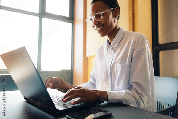Obraz Smiling professional woman working on a laptop indoors