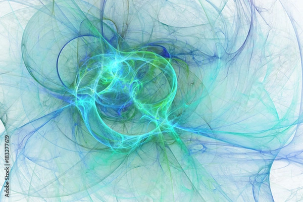 Fototapeta Abstract glowing blue and green swirly shape. Fantasy fractal texture. 3D rendering.