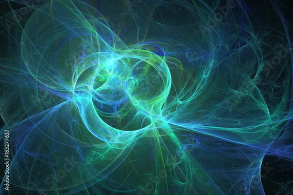 Fototapeta Abstract glowing blue and green swirly shape. Fantasy fractal texture. 3D rendering.