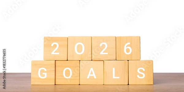 Fototapeta Wooden blocks with 2026 goals text for planning and achievement concept, isolated on transparent background