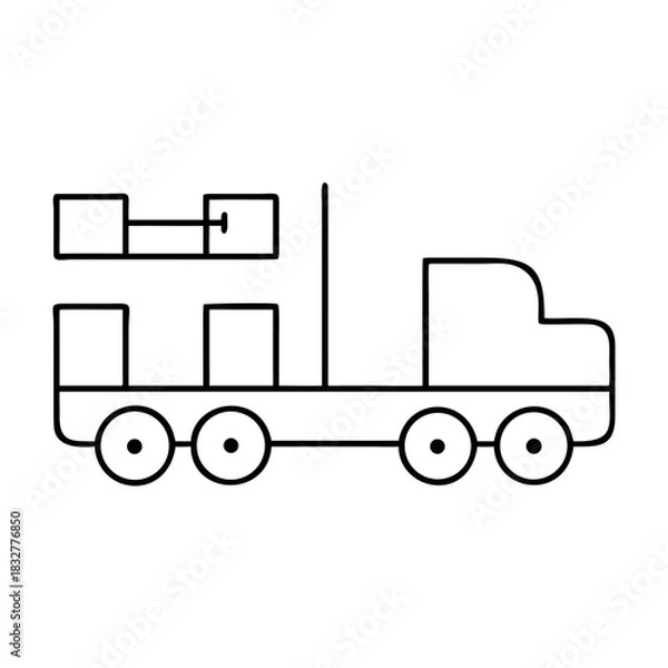 Obraz Outline of a flatbed truck carrying rectangular objects on transparent background