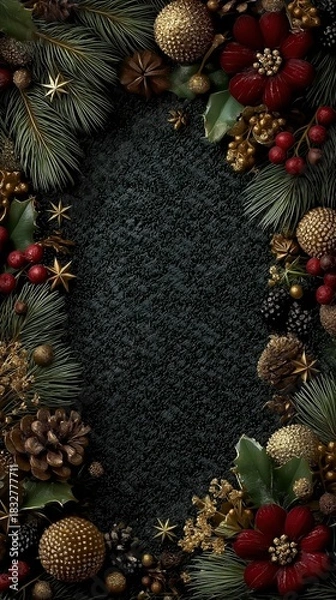 Fototapeta Dark Luxurious Christmas Background with Gold and Red Decorations. Festive Frame with Copy Space