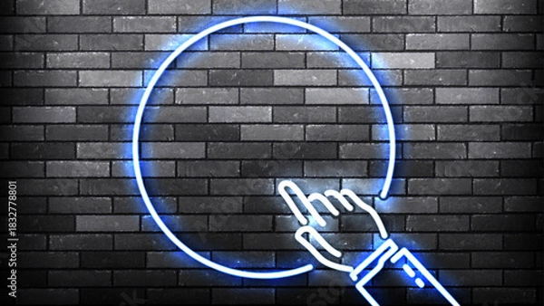 Obraz Vector neon circle frame with a pointing hand isolated on wall background.