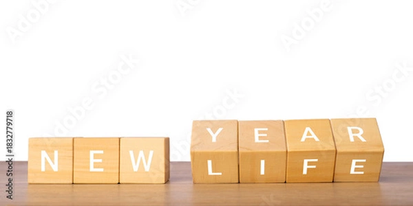 Fototapeta Wooden blocks with new year life text for fresh start concept, isolated on transparent background