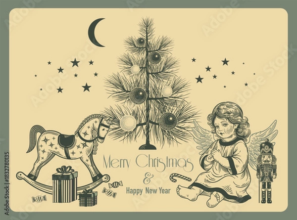 Fototapeta Christmas Eve holiday card. Cute angel, Christmas tree decorations and gifts. Vector. Vintage