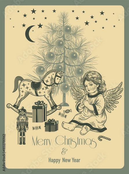 Fototapeta Cute little angel, Christmas decorations and gifts. Christmas Eve holiday card. Vector. Vintage