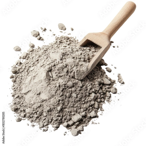 Fototapeta Wooden scoop filled with grey cement powder and loose material isolated on transparent background