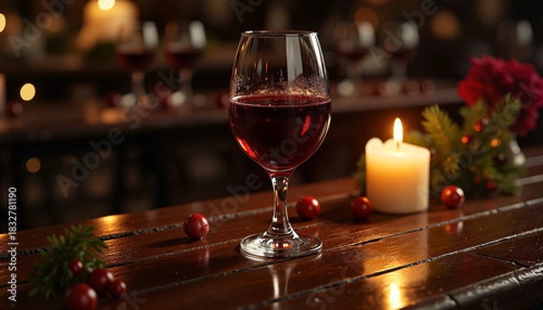 Fototapeta Elegant glass of red wine in dim light and red winter berries with candle on countertop. Glass of red wine on display with holiday decorations, suggesting a festive Christmas celebration.