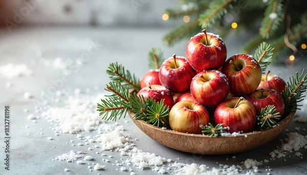 Fototapeta Ripe apples in wooden bowl is presented, perfect for winter holidays and festive decoration. Seasonal apples, symbolizing abundance, create mood of winter holiday.