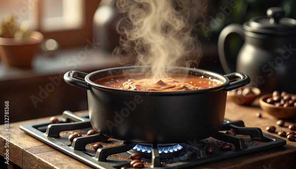 Fototapeta Cooking soup in dark pot on gas stove creates warm atmosphere. Stew simmers with aromatic steam, inviting culinary creativity. Preparing Cooking soup becomes focal point,